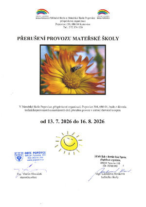 Přerušení provozu MŠ - léto 2026