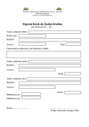 Zápisní lístek do ŠD