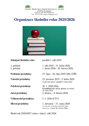 Organizace školního roku 2025 - 2026