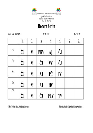 Rozvrh hodin - 3. ročník
