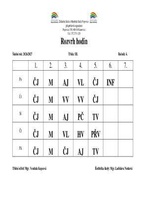 Rozvrh hodin - 4. ročník