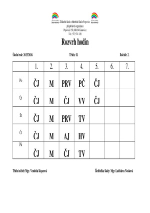 Rozvrh hodin - 2. ročník