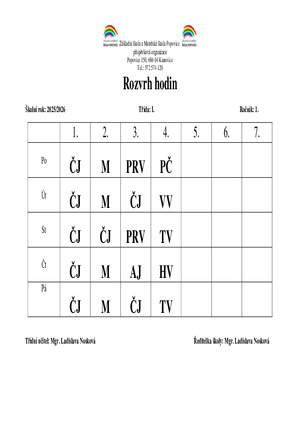 Rozvrh hodin - 1. ročník