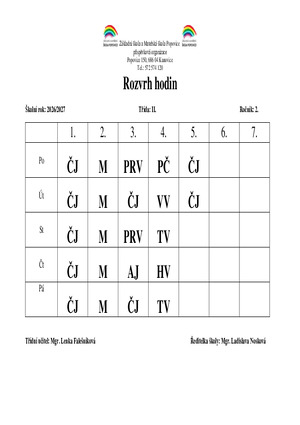 Rozvrh hodin - 2. ročník