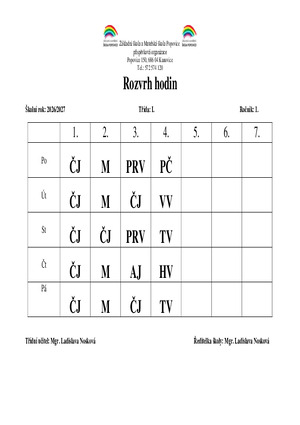 Rozvrh hodin - 1. ročník